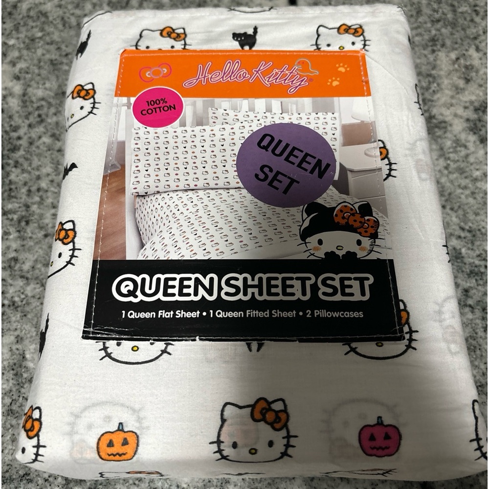 4-pcHello Kitty Sanrio Halloween pumpkin QUEEN size White 100%Cotton Sheet Set